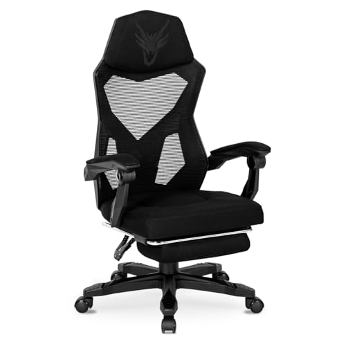 MEBEL ELITE Bürostuhl Gaming Stuhl mit Fußstütze Schwarz - Gamingstuhl Stoff mit Kopfstütze - Gamer Stuhl mit Gummiräder - Gaming Sessel mit Armlehne - Bequem Computerstuhl bis zu 150 kg von MEBEL ELITE