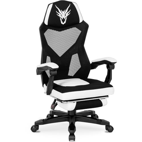 MEBEL ELITE Bürostuhl Gaming Stuhl mit Fußstütze Weiß - Gamingstuhl Stoff mit Kopfstütze - Gamer Stuhl mit Gummiräder - Gaming Sessel mit Armlehne - Bequem Computerstuhl bis zu 150 kg von MEBEL ELITE