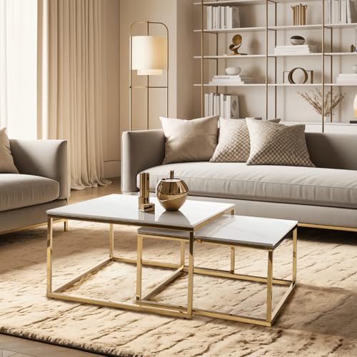 MEBEL ELITE Couchtisch 2er Set Eckig – Wohnzimmertisch Weiß – Sofatisch mit Metallgestell – Tische für Wohnzimmer und Büro – Pflegeleichter und Schmutzabweisender von MEBEL ELITE