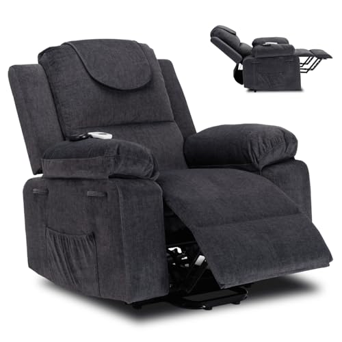 MEBEL ELITE Fenix Massagesessel Dunkelgrau – Elektrischer Relaxsessel mit Aufstehhilfe, moderner Liegesessel mit Verstellfunktion, gepolstert für Wohnzimmer & Heimkino von MEBEL ELITE