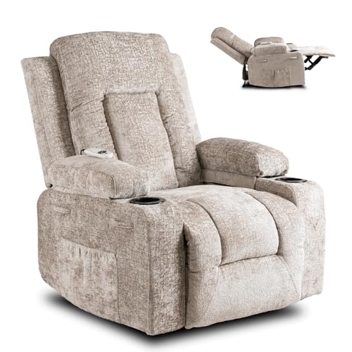 MEBEL ELITE Massagesessel Velours Beige – Relaxsessel Elektrisch Verstellbar mit Liegefunktion – Elektrischer Fernsehsessel mit Fernbedienung – Massagestuhl mit 5 Massage-Programmen, bis 150 kg von MEBEL ELITE