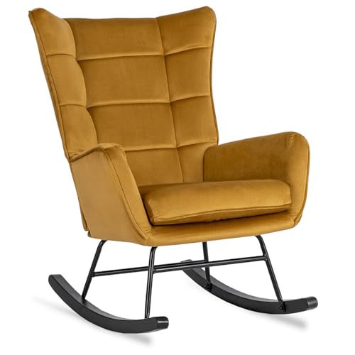 MEBEL ELITE Schaukelstuhl Relaxsessel Samt Gelb - Schaukelsessel mit Armlehne - Schaukel Sessel Wohnzimmer mit Metallgestell und Holzkufen - Lesesessel Bequem Leicht zu Reinigen von MEBEL ELITE