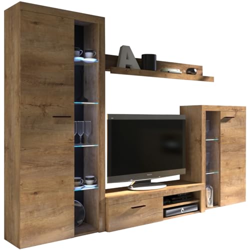 IWMAR MÖBEL WohnzimmerMöbelSet RUMBA, 290x190x34, Wohnzimmer-Unterschrank, Wohnzimmer-Möbel, Wohnzimmer-Hochschrank, Wohnzimmerschrank mit RTVTischMöbelSet, Hängeregal, Beste Möbel für das Wohnzimmer. von MEBLE IWMAR