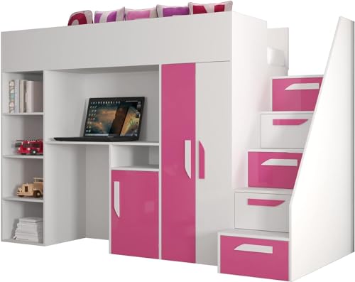 MEBLE KRYSPOL Party 14 Hochbett für Kinder, Jugendliche mit Stauraum - Etagenbett mit Schreibtisch, Kleiderschrank, Bücherregal und Trittleitern - 247x120x165 cm - Weiß, Rosa, Weiß + Rosa von MEBLE KRYSPOL