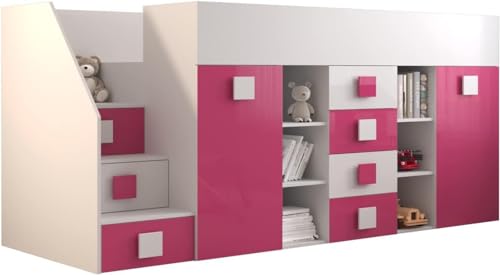 MEBLE KRYSPOL Toledo 3 Hochbett für Kinder, Jugendliche mit Stauraum - Etagenbett mit Schreibtisch, Kleiderschrank, Regal, Schubladen, Treppe - 248,5x93x123 cm - Weiß, Rosa, Weiß + Rosa von MEBLE KRYSPOL