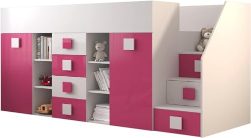 MEBLE KRYSPOL Toledo 3 Hochbett für Kinder, Jugendliche mit Stauraum - Etagenbett mit Schreibtisch, Kleiderschrank, Regal, Schubladen, Treppe - 248,5x93x123 cm - Weiß, Rosa, Weiß + Rosa von MEBLE KRYSPOL