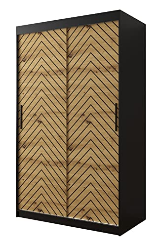 KRYSPOL Schiebetürenschrank Jodełka 1 120 cm Kleiderschrank mit Kleiderstange Einlegeboden Schlafzimmer- Wohnzimmerschrank Modern Design (Schwarz Matt + Artisan Eiche, Schubladen: 0) von MEBLE KRYSPOL