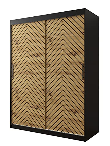 KRYSPOL Schiebetürenschrank Jodełka 1 150 cm Kleiderschrank mit Kleiderstange Einlegeboden Schlafzimmer- Wohnzimmerschrank Modern Design (Schwarz Matt + Artisan Eiche, Schubladen: 0) von MEBLE KRYSPOL