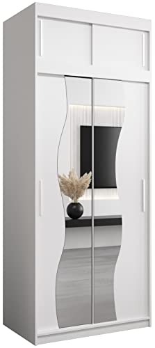 KRYSPOL Schwebetürenschrank Madryt 100 cm mit Spiegel Kleiderschrank mit Kleiderstange und Einlegeboden Schlafzimmer- Wohnzimmerschrank Schiebetüren Modern Design (Weiß mit Erweiterung) von MEBLE KRYSPOL