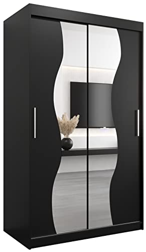 KRYSPOL Schwebetürenschrank Madryt 120 cm mit Spiegel Kleiderschrank mit Kleiderstange und Einlegeboden Schlafzimmer- Wohnzimmerschrank Schiebetüren Modern Design (Schwarz) von MEBLE KRYSPOL