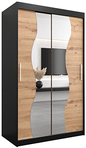KRYSPOL Schwebetürenschrank Madryt 120 cm mit Spiegel Kleiderschrank mit Kleiderstange und Einlegeboden Schlafzimmer- Wohnzimmerschrank Schiebetüren Modern Design (Schwarz + Artisan Eiche) von MEBLE KRYSPOL