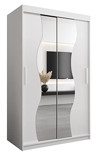 KRYSPOL Schwebetürenschrank Madryt 120 cm mit Spiegel Kleiderschrank mit Kleiderstange und Einlegeboden Schlafzimmer- Wohnzimmerschrank Schiebetüren Modern Design (Weiß) von MEBLE KRYSPOL