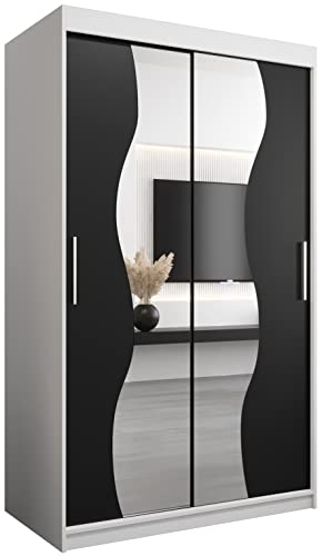 KRYSPOL Schwebetürenschrank Madryt 120 cm mit Spiegel Kleiderschrank mit Kleiderstange und Einlegeboden Schlafzimmer- Wohnzimmerschrank Schiebetüren Modern Design (Weiß + Schwarz) von MEBLE KRYSPOL
