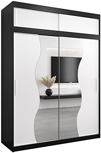 KRYSPOL Schwebetürenschrank Madryt 180 cm mit Spiegel Kleiderschrank mit Kleiderstange und Einlegeboden Schlafzimmer- Wohnzimmerschrank Schiebetüren Modern Design (Schwarz + Weiß mit Erweiterung) von MEBLE KRYSPOL