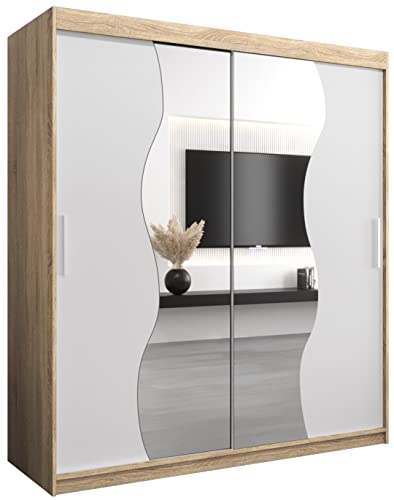 KRYSPOL Schwebetürenschrank Madryt 180 cm mit Spiegel Kleiderschrank mit Kleiderstange und Einlegeboden Schlafzimmer- Wohnzimmerschrank Schiebetüren Modern Design (Sonoma + Weiß) von MEBLE KRYSPOL