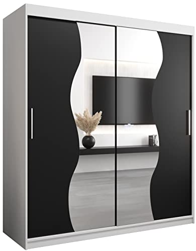 KRYSPOL Schwebetürenschrank Madryt 180 cm mit Spiegel Kleiderschrank mit Kleiderstange und Einlegeboden Schlafzimmer- Wohnzimmerschrank Schiebetüren Modern Design (Weiß + Schwarz) von MEBLE KRYSPOL