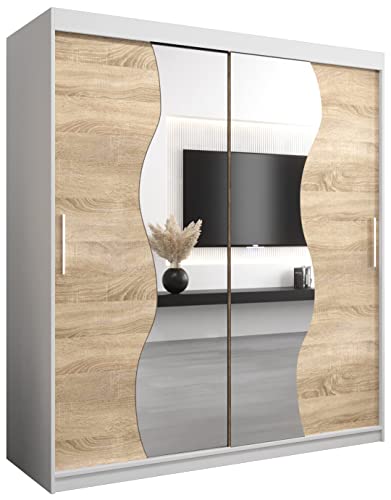 KRYSPOL Schwebetürenschrank Madryt 180 cm mit Spiegel Kleiderschrank mit Kleiderstange und Einlegeboden Schlafzimmer- Wohnzimmerschrank Schiebetüren Modern Design (Weiß + Sonoma) von MEBLE KRYSPOL