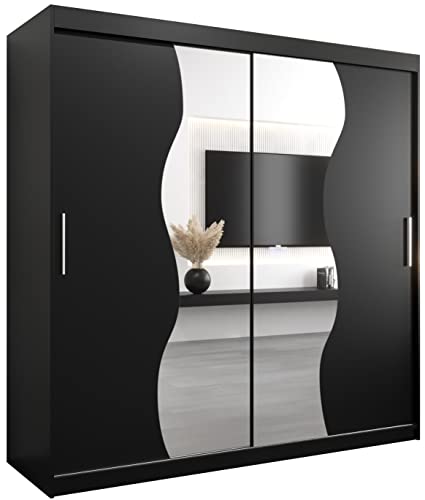 KRYSPOL Schwebetürenschrank Madryt 200 cm mit Spiegel Kleiderschrank mit Kleiderstange und Einlegeboden Schlafzimmer- Wohnzimmerschrank Schiebetüren Modern Design (Schwarz) von MEBLE KRYSPOL