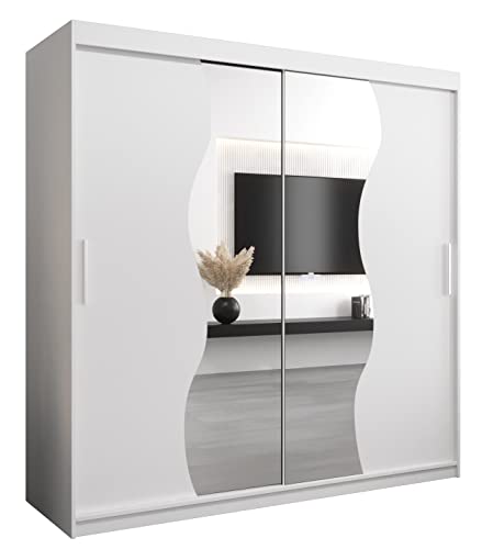 KRYSPOL Schwebetürenschrank Madryt 200 cm mit Spiegel Kleiderschrank mit Kleiderstange und Einlegeboden Schlafzimmer- Wohnzimmerschrank Schiebetüren Modern Design (Weiß) von MEBLE KRYSPOL