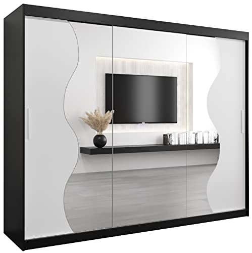 KRYSPOL Schwebetürenschrank Madryt 250 cm mit Spiegel Kleiderschrank mit Kleiderstange und Einlegeboden Schlafzimmer- Wohnzimmerschrank Schiebetüren Modern Design (Schwarz + Weiß) von MEBLE KRYSPOL