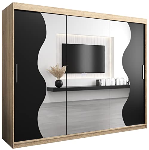 KRYSPOL Schwebetürenschrank Madryt 250 cm mit Spiegel Kleiderschrank mit Kleiderstange und Einlegeboden Schlafzimmer- Wohnzimmerschrank Schiebetüren Modern Design (Sonoma + Schwarz) von MEBLE KRYSPOL