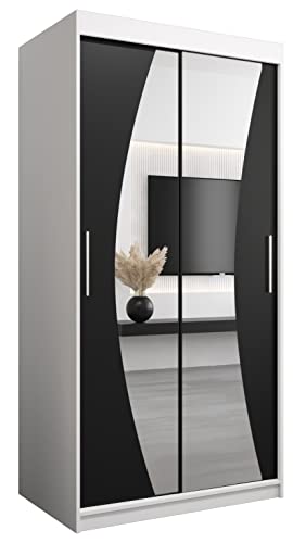 MEBLE KRYSPOL Wave 100 Schlafzimmerschrank mit Zwei Schiebetüren, Spiegel, Kleiderstange und Regalen – 100x200x62cm - Mattweiß + Mattschwarz von MEBLE KRYSPOL