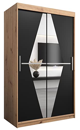 Kryspol Schwebetürenschrank Boliwia 120 cm mit Spiegel Kleiderschrank mit Kleiderstange und Einlegeboden Schlafzimmer- Wohnzimmerschrank Schiebetüren Modern Design (Artisan Eiche + Schwarz) von MEBLE KRYSPOL