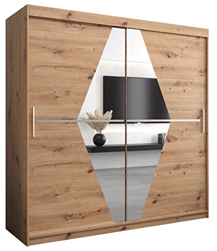 Kryspol Schwebetürenschrank Boliwia 200 cm mit Spiegel Kleiderschrank mit Kleiderstange und Einlegeboden Schlafzimmer- Wohnzimmerschrank Schiebetüren Modern Design (Artisan Eiche) von MEBLE KRYSPOL