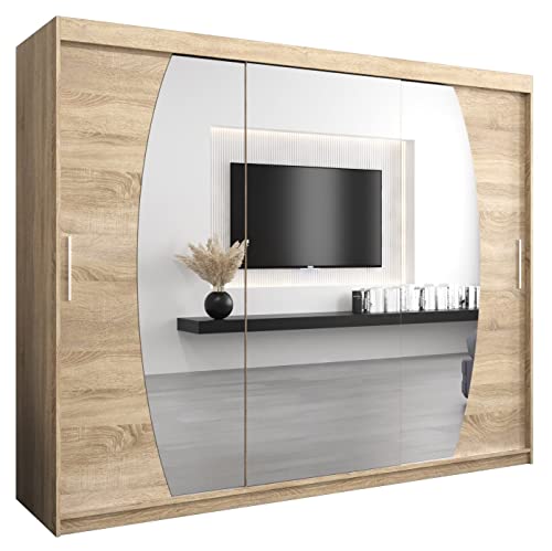 Kryspol Schwebetürenschrank Elypse 250 cm mit Spiegel Kleiderschrank mit Kleiderstange und Einlegeboden Schlafzimmer- Wohnzimmerschrank Schiebetüren Modern Design (Sonoma) von MEBLE KRYSPOL