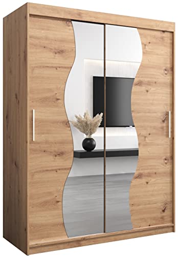 Kryspol Schwebetürenschrank Madryt 150 cm mit Spiegel Kleiderschrank mit Kleiderstange und Einlegeboden Schlafzimmer- Wohnzimmerschrank Schiebetüren Modern Design (Artisan Eiche) von MEBLE KRYSPOL