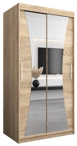 MEBLE KRYSPOL Kleiderschrank mit Spiegel Monaco - Garderobenschrank - Schrank Schlafzimmer - Mehrzweckschrank Zwei Schiebetüren - Regalen - Flur Möbel - Kleiderstange Schrank - Allzweckschrank von MEBLE KRYSPOL