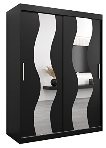 MEBLE KRYSPOL Sewilla 150 Schlafzimmerschrank mit Zwei Schiebetüren, Spiegel, Kleiderstange und Regalen – 150x200x62cm - Mattschwarz von MEBLE KRYSPOL
