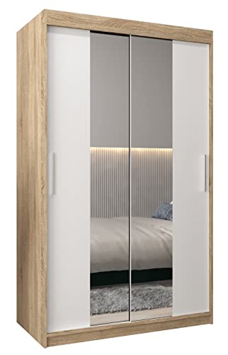 MEBLE KRYSPOL Tokyo 1 120 Schlafzimmerschrank mit Zwei Schiebetüren, Spiegel, Kleiderstange und Regalen – 120x200x62cm - Sonoma + Mattweiß von MEBLE KRYSPOL