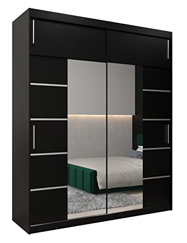 MEBLE KRYSPOL Verona 4 200 Schlafzimmerschrank mit Zwei Schiebetüren, Spiegel, Kleiderstange und Regalen – 200x240x62cm - Mattschwarz mit Verlängerung von MEBLE KRYSPOL