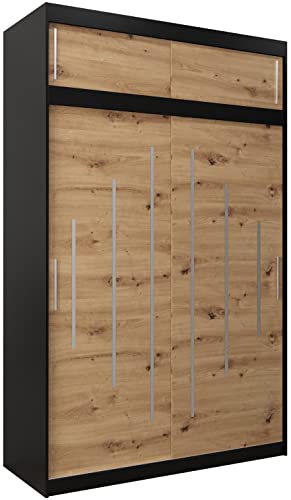 Kryspol Schwebetürenschrank York 150 cm Kleiderschrank mit Kleiderstange und Einlegeboden Schlafzimmer- Wohnzimmerschrank Schiebetüren Modern Design (Schwarz + Artisan Eiche mit Erweiterung) von MEBLE KRYSPOL
