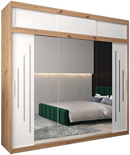 MEBLE KRYSPOL York 2 250 Schlafzimmerschrank mit DREI Schiebetüren, Spiegel, Kleiderstange und Regalen – 250x240x62cm - Artisan + Mattweiß mit Verlängerung von MEBLE KRYSPOL