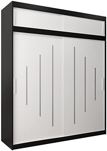 Kryspol Schwebetürenschrank York 200 cm Kleiderschrank mit Kleiderstange und Einlegeboden Schlafzimmer- Wohnzimmerschrank Schiebetüren Modern Design (Schwarz + Weiß mit Erweiterung) von MEBLE KRYSPOL