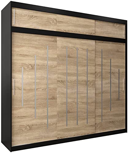 Kryspol Schwebetürenschrank York 250 cm Kleiderschrank mit Kleiderstange und Einlegeboden Schlafzimmer- Wohnzimmerschrank Schiebetüren Modern Design (Schwarz + Sonoma mit Erweiterung) von MEBLE KRYSPOL