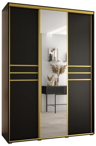 MEBLE KRYSPOL Cannes 11 Moderner Schrank mit 3 Schiebetüren mit Kleiderstange, Regalen und Spiegel - Aufbewahrungsschrank für Schlafzimmer, Wohnzimmer - 205,2x180x45 cm - Schwarz Schwarz Gold von MEBLE KRYSPOL