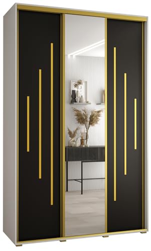MEBLE KRYSPOL Cannes 13 Moderner Schrank mit 3 Schiebetüren mit Kleiderstange, Regalen und Spiegel - Aufbewahrungsschrank für Schlafzimmer, Wohnzimmer - 205,2x160x60 cm - Weiß Schwarz Gold von MEBLE KRYSPOL