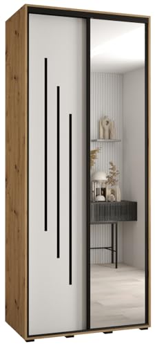 MEBLE KRYSPOL Cannes 9 Moderner Schrank mit 2 Schiebetüren mit Kleiderstange, Regalen und Spiegel - Aufbewahrungsschrank für Schlafzimmer, Wohnzimmer - 205,2x100x45 cm - Artisan Weiß Schwarz von MEBLE KRYSPOL