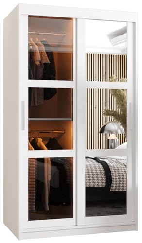 MEBLE KRYSPOL Dome Schrank mit Zwei Schiebetüren mit Spiegel, Stangen und Regalen - Aufbewahrungsschrank mit Rauchglas für Schlafzimmer, Wohnzimmer - 200x100x62cm - Weiß, Weiß, Silber von MEBLE KRYSPOL