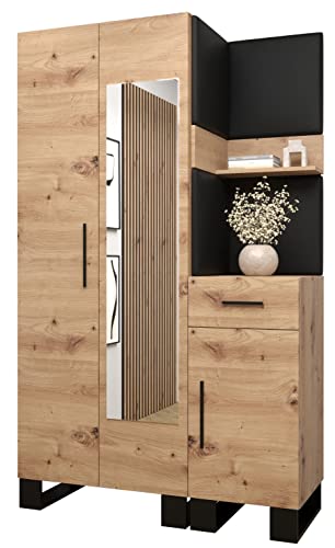 MEBLE KRYSPOL Garderobe Artin Set 16 mit gepolsterten Paneelen Industriell Design (Artisan Eiche + schwarzes Öko-Leder) von MEBLE KRYSPOL