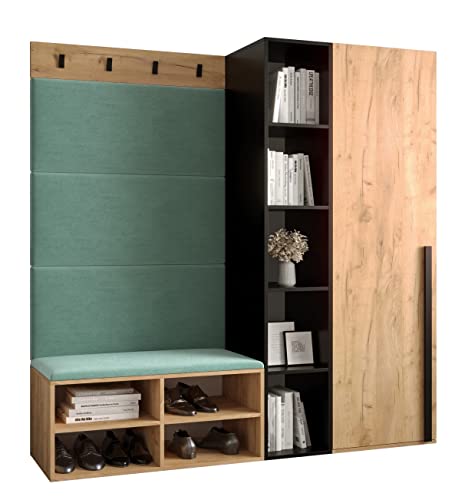 MEBLE KRYSPOL Garderobe MIRO Set 1 mit gepolsterten Paneelen Modern Design (Manila 11 (Minze), Eiche Kraft Gold + Schwarz Matt) von MEBLE KRYSPOL