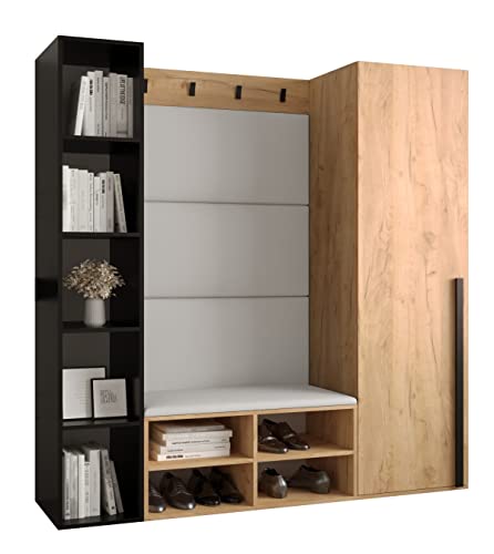 MEBLE KRYSPOL Garderobe MIRO Set 3 mit gepolsterten Paneelen Modern Design (weißes Öko-Leder, Eiche Kraft Gold + Schwarz Matt) von MEBLE KRYSPOL