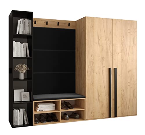 MEBLE KRYSPOL Garderobe MIRO Set 4 mit gepolsterten Paneelen Modern Design (Manila 18 (Schwarz), Eiche Kraft Gold + Schwarz Matt) von MEBLE KRYSPOL