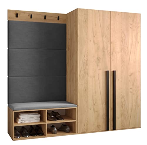 MEBLE KRYSPOL Garderobe MIRO Set 5 mit gepolsterten Paneelen Modern Design (Manila 16 (Grau), Eiche Kraft Gold + Schwarz Matt) von MEBLE KRYSPOL