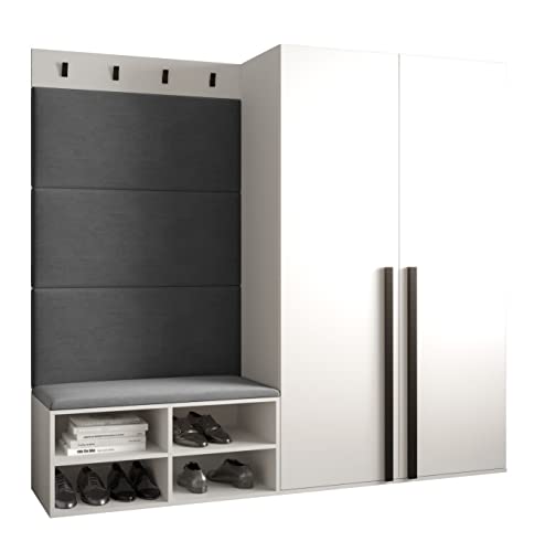 MEBLE KRYSPOL Garderobe MIRO Set 5 mit gepolsterten Paneelen Modern Design (Manila 16 (Grau), Weiß Matt + Schwarz Matt) von MEBLE KRYSPOL