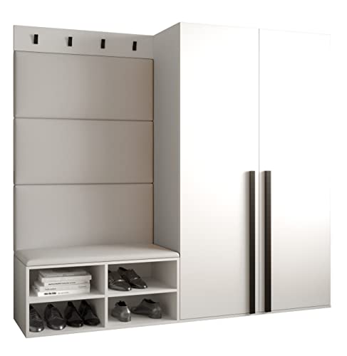 MEBLE KRYSPOL Garderobe MIRO Set 5 mit gepolsterten Paneelen Modern Design (weißes Öko-Leder, Weiß Matt + Schwarz Matt) von MEBLE KRYSPOL