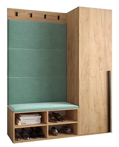 MEBLE KRYSPOL Garderobe MIRO Set 6 mit gepolsterten Paneelen Modern Design (Manila 11 (Minze), Eiche Kraft Gold + Schwarz Matt) von MEBLE KRYSPOL